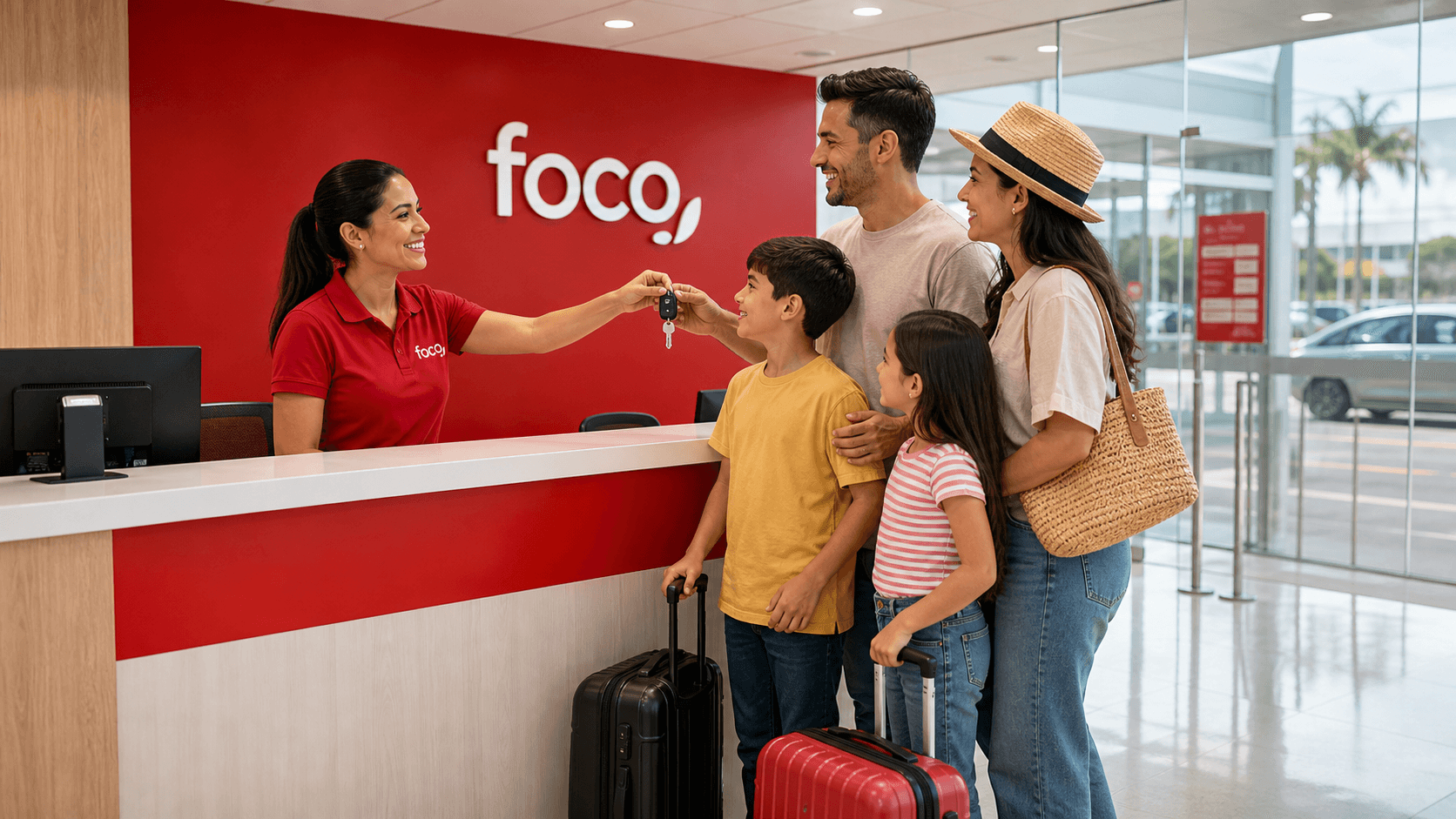 Família recebendo chaves na loja Foco