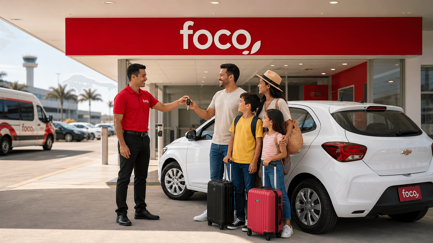 Família recebendo carro alugado na Foco