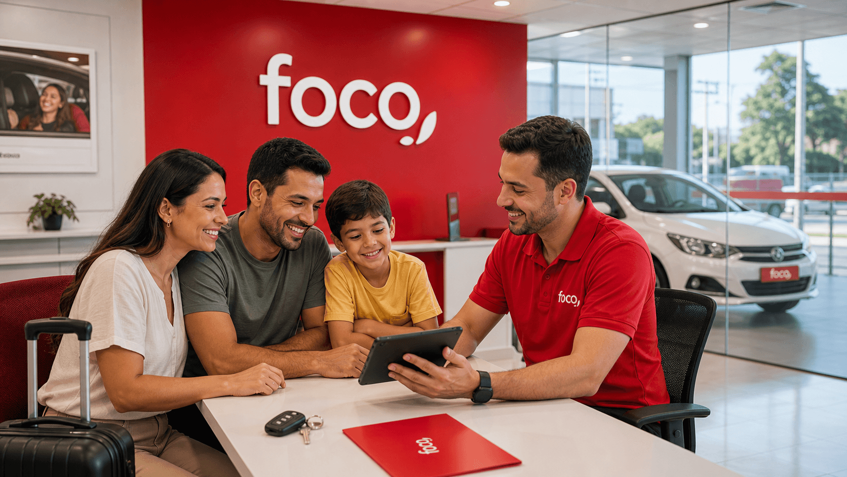 Família no atendimento com tablet na loja Foco